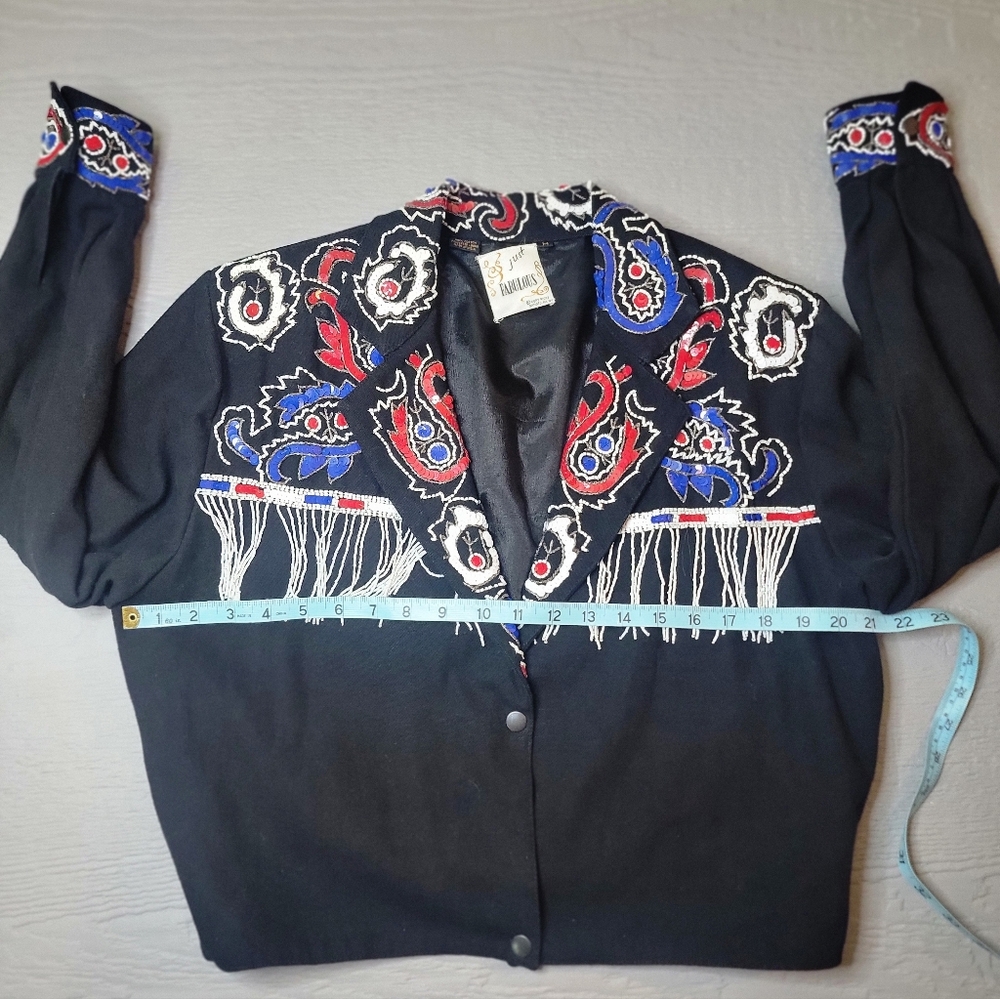 ♡Just Fabulous, All Beaded Fringe Jacket with Red & Blue Paisley. B-22